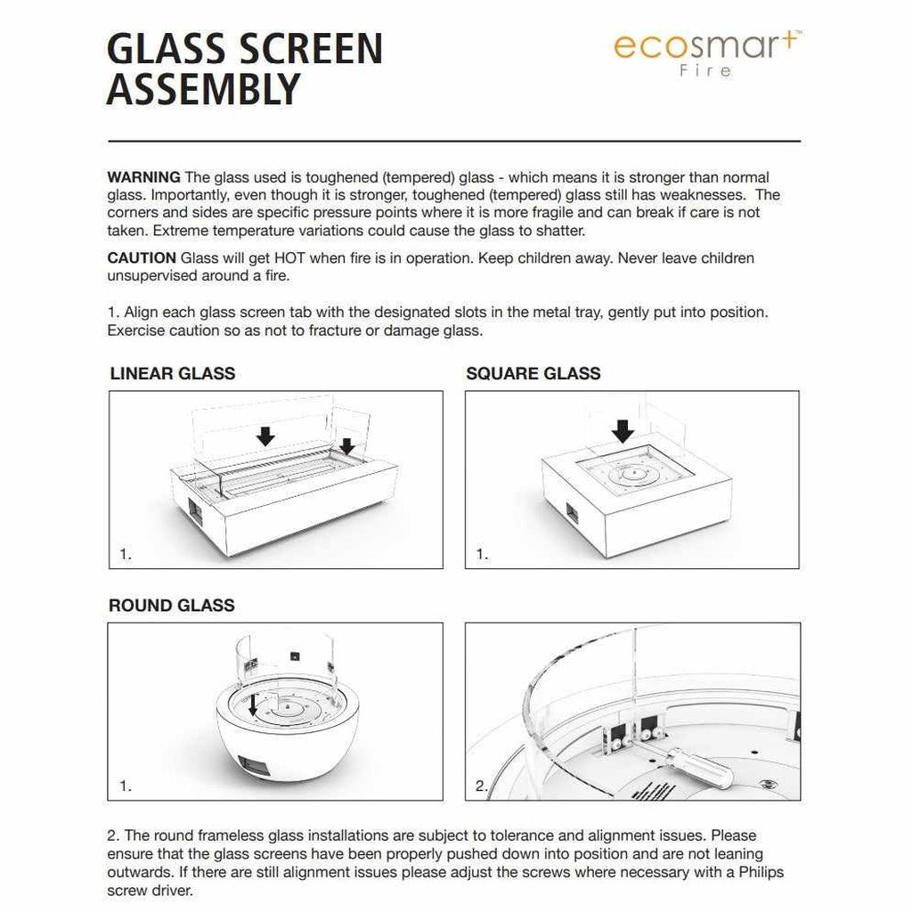 EcoSmart Fire R530 Fire Screen assembly instructions showing linear, square, and round glass installation diagrams.