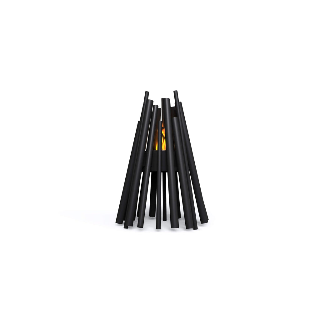 EcoSmart Fire Stix 8 bioethanol fire pit with a black, stick-like frame and a central orange flame on white background.