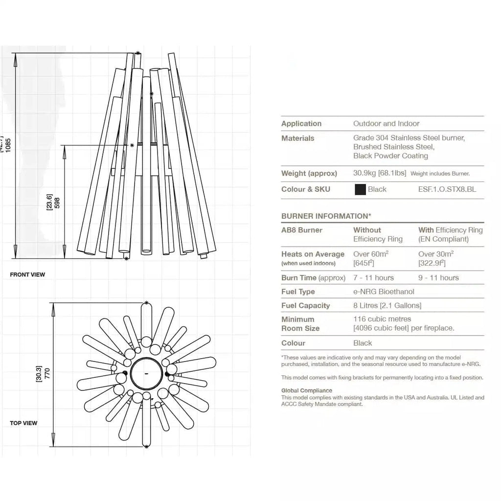 Technical line drawing of EcoSmart Fire Stix 8 showing front and top views with dimensions and specifications table.