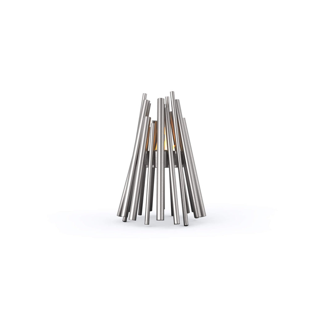 EcoSmart Fire Stix bioethanol fire pit featuring a cluster of vertical brushed stainless steel rods with a central flame.