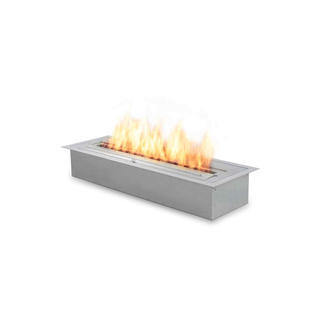 EcoSmart Fire XL700 ethanol burner in brushed stainless steel with a long, linear flame against a white background.