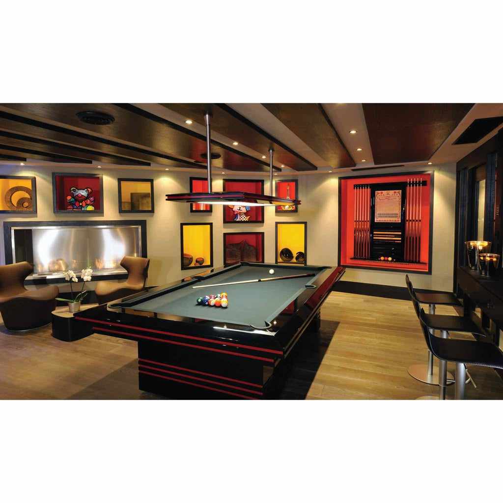 EcoSmart Fire XL700 ethanol burner integrated into a modern fireplace wall in a contemporary games room.