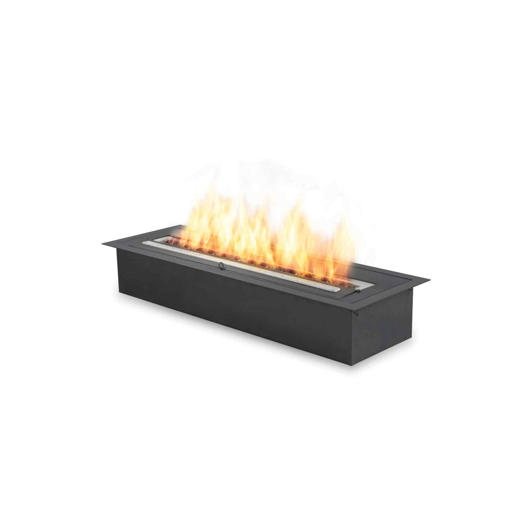 EcoSmart Fire XL700 ethanol burner with a black rectangular steel frame and a bright orange flame on a white background.