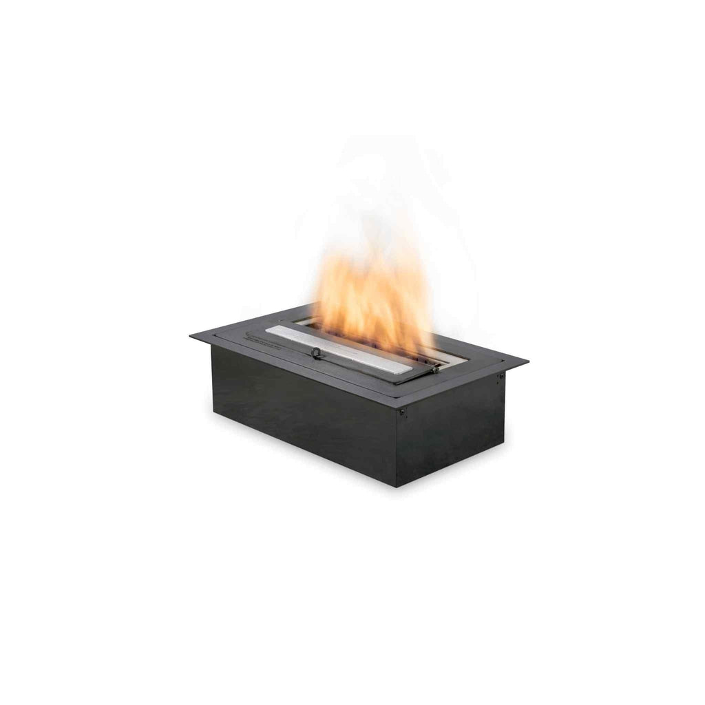 EcoSmart Fire XS340 ethanol burner in black with a rectangular metal housing and a central orange flame.