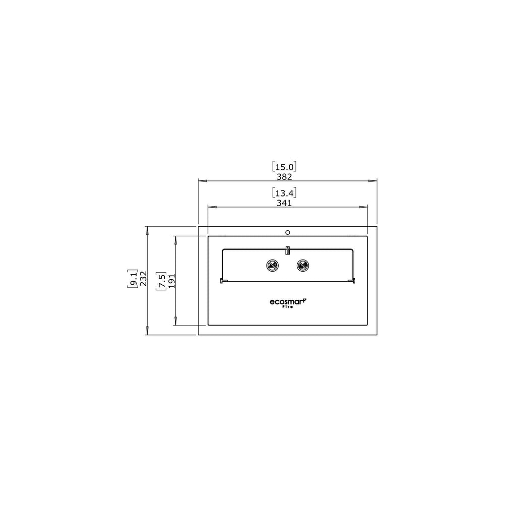 Technical line drawing of the EcoSmart Fire XS340 ethanol burner showing dimensions in millimetres and inches.