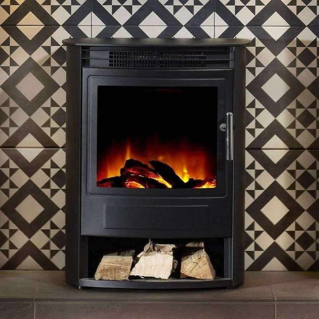 Flametek Alto S 2Kw electric stove in black with a glowing log flame effect and a log storage compartment below.