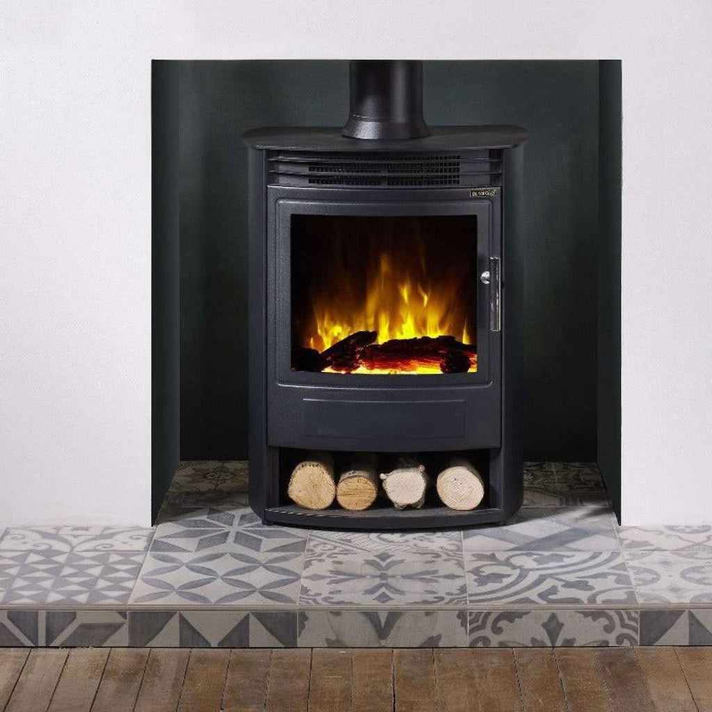 Flametek Alto S 2Kw electric stove in black with a log storage compartment, set against a dark fireplace recess.