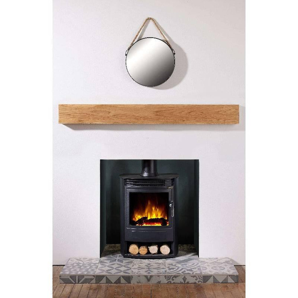 Flametek Alto S 2Kw electric stove in black, featuring a log storage base and flame effect, set on a patterned hearth.