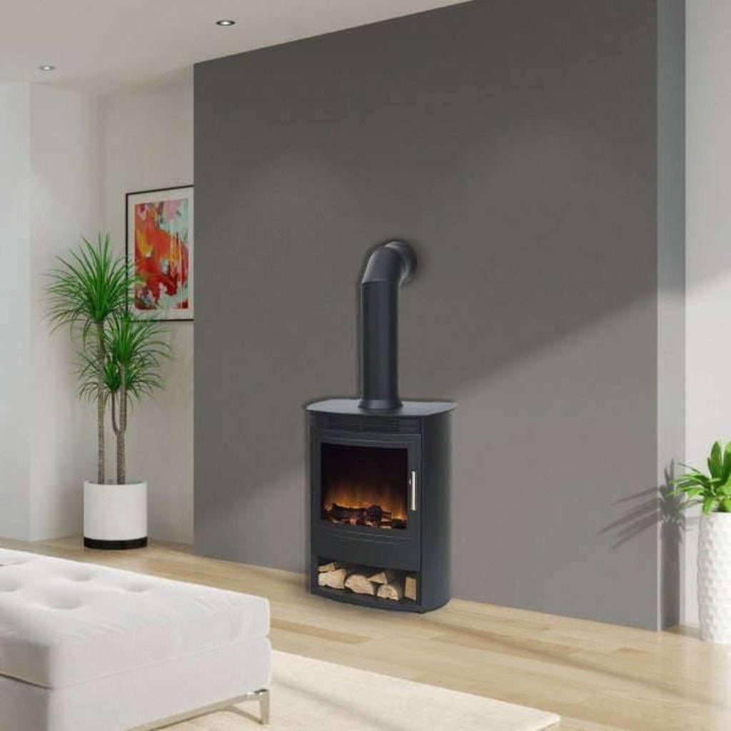 Flametek Alto S 2Kw electric stove with a black finish, glass door, and decorative log storage in a modern living room.