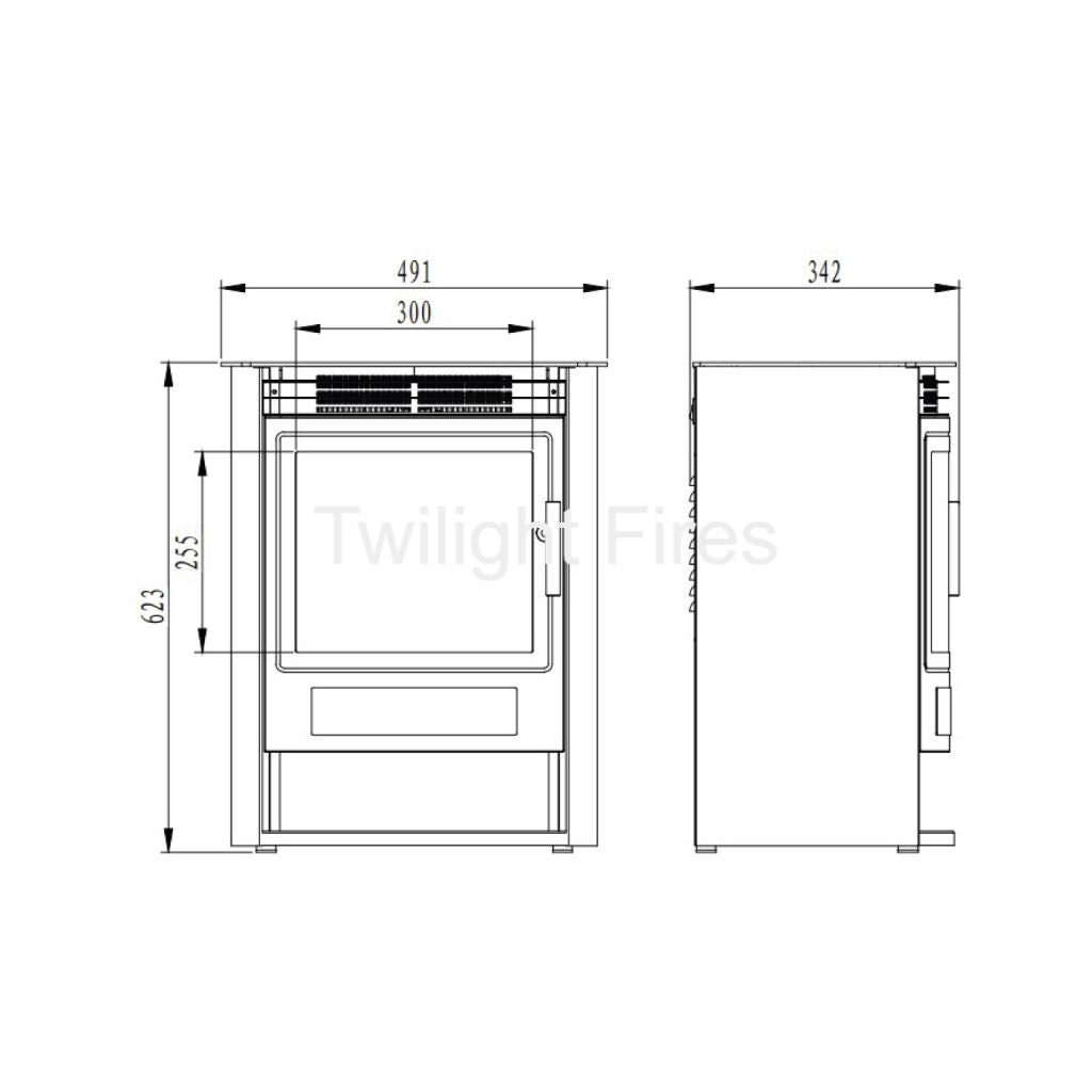 Technical line drawing of the Flametek Alto S 2Kw electric stove showing front and side profile dimensions in mm.