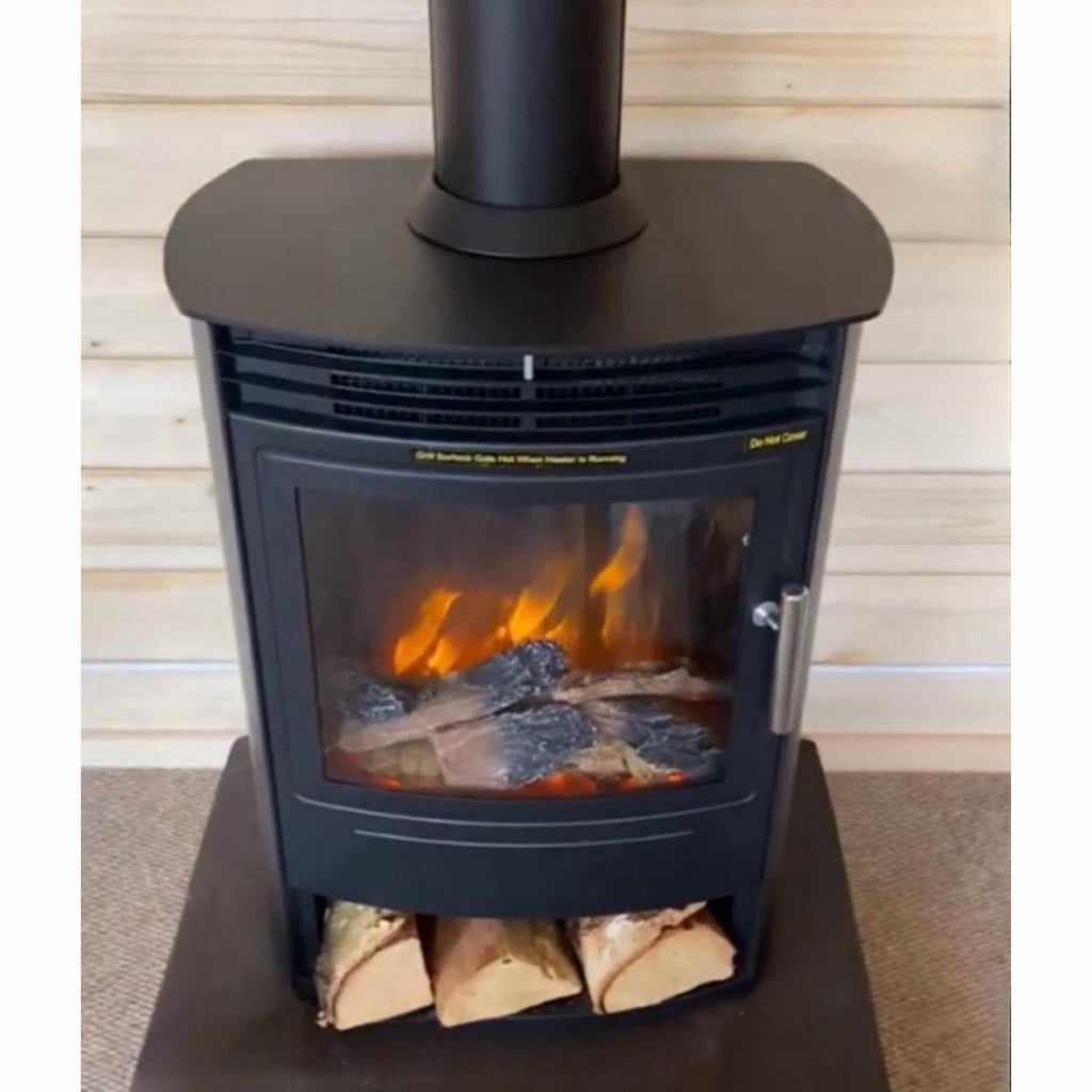 Flametek Alto S 2Kw electric stove in black with a glass door, glowing log effect, and log storage space below.