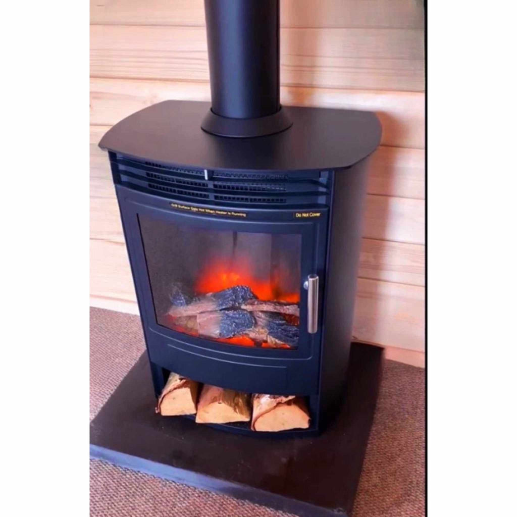 Flametek Alto S 2Kw electric stove in black with a glass door, glowing log effect, and a log storage compartment.