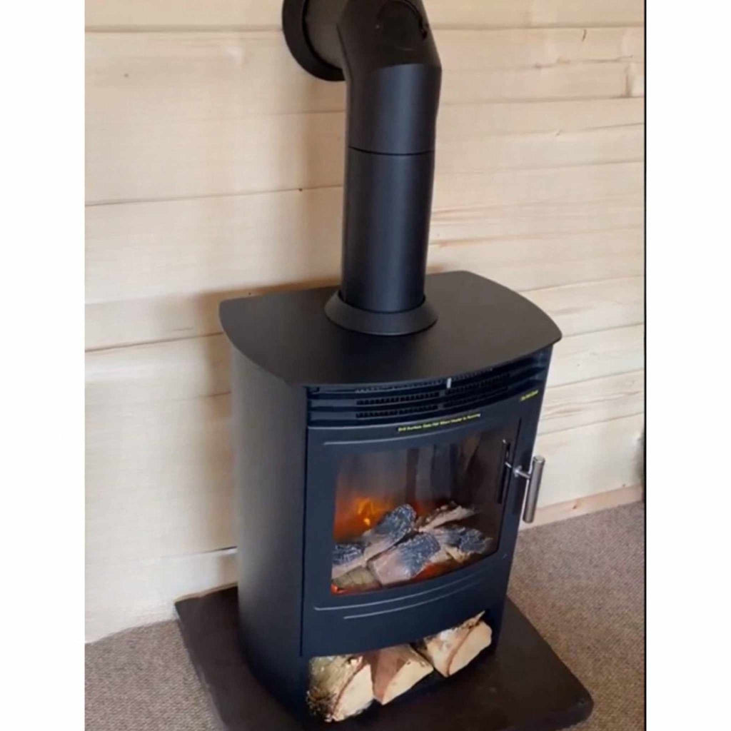 Flametek Alto S 2Kw electric stove in black with a flue pipe, glass door, and log storage area on a hearth.