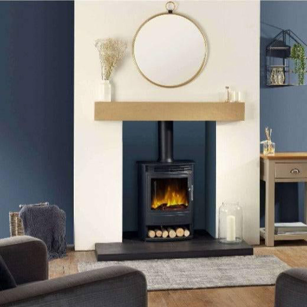 Flametek Alto S 2Kw electric stove in black with a realistic flame effect, set in a modern fireplace with a wood mantel.