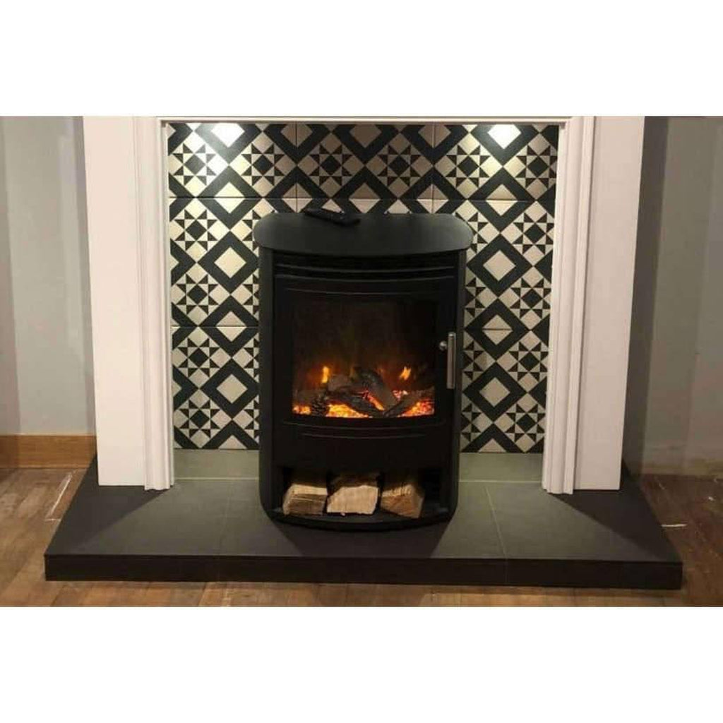 Flametek Alto S 2Kw electric stove in black with a log fuel bed, set against a black and white patterned tile hearth.