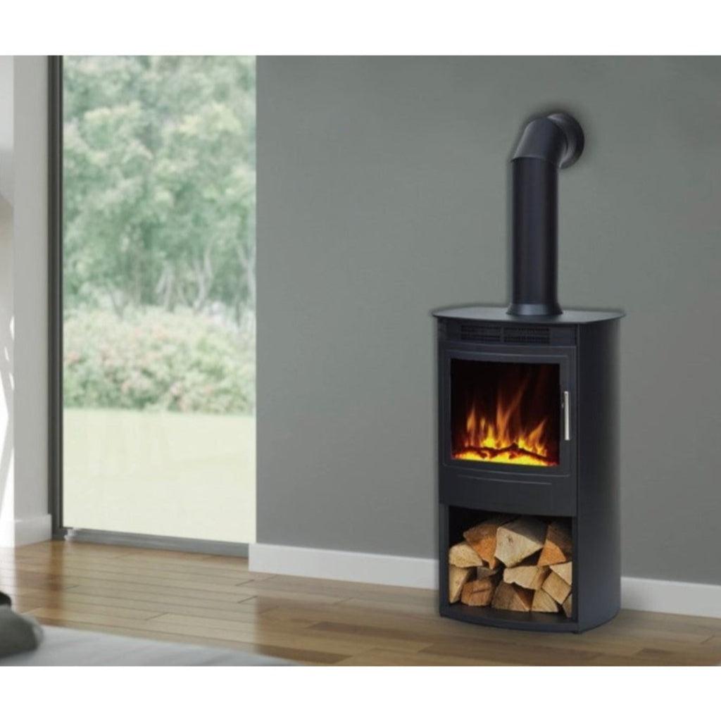 Flametek Alto T electric stove in black with a realistic flame effect and a log storage compartment below.