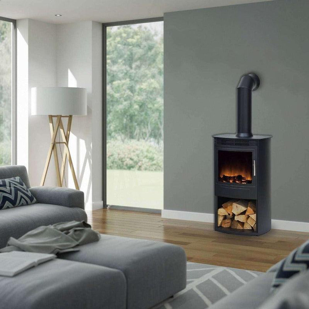 Flametek Alto T electric stove in black with a log storage base, set against a grey wall in a modern living room.