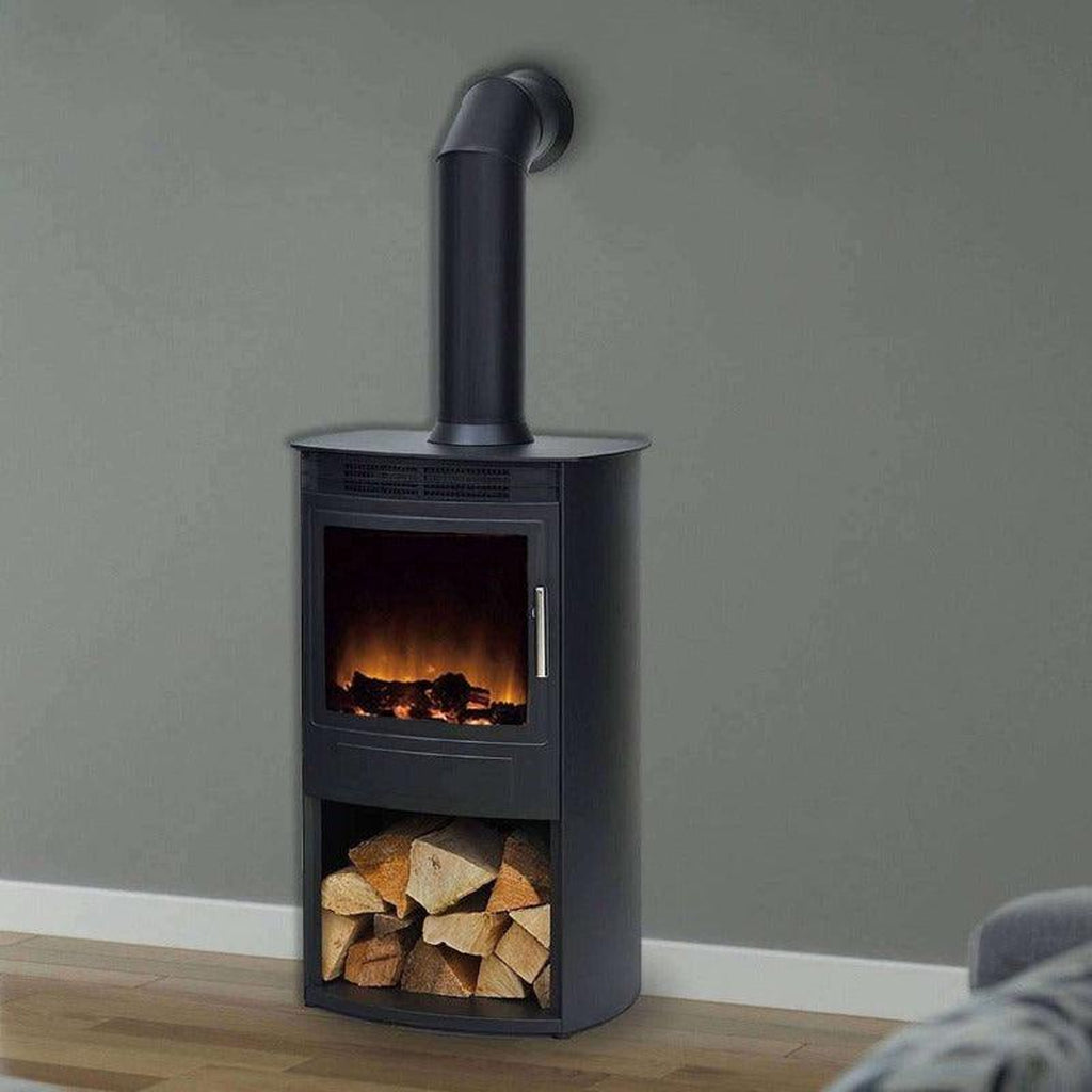 Flametek Alto T electric stove in black with a log storage compartment and a decorative flue pipe against a grey wall.