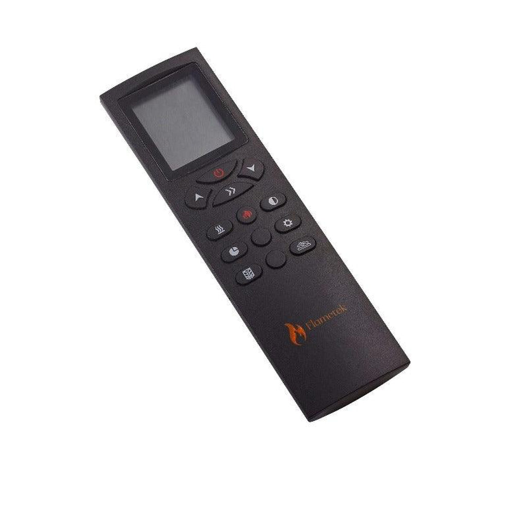 Black Flametek Alto T electric stove remote control with a digital screen and various function buttons.