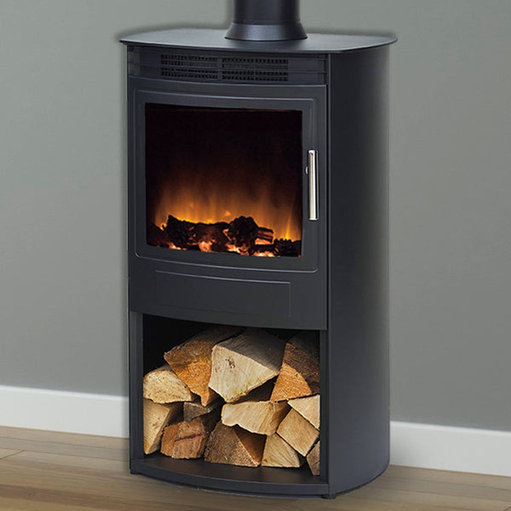 Flametek Alto T electric stove in matte black with a glowing log fire effect and a log storage compartment below.