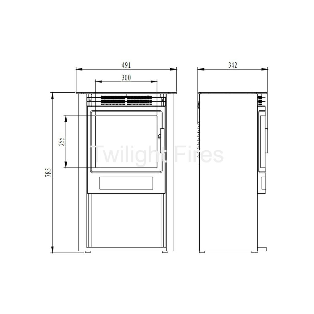 Flametek Alto T electric stove technical line drawing showing front and side elevation dimensions in millimetres.