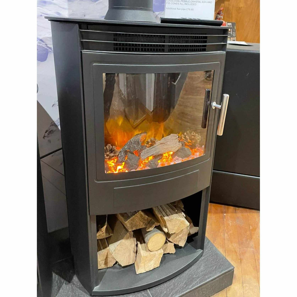 Flametek Alto T electric stove in black with a glass door, glowing log fuel bed, and a lower log storage compartment.