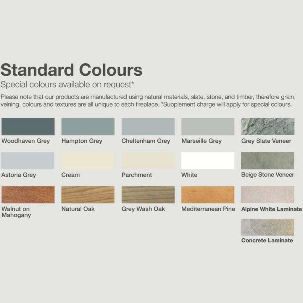 Flametek Brooklyn Electric Fireplace colour palette showing various grey, cream, wood, and stone finish samples.