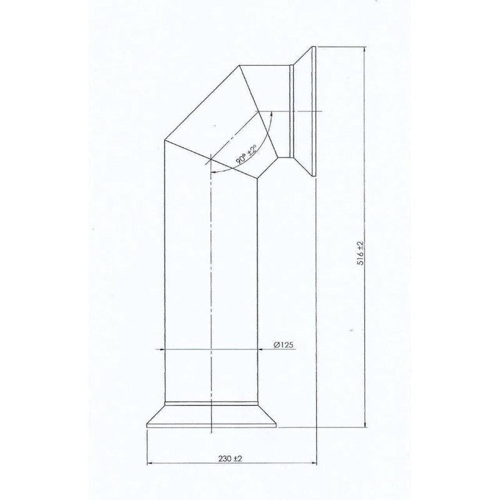 Technical line drawing of a Flametek Decorative Flue Pipe showing a 90-degree bend with dimensions in millimetres.