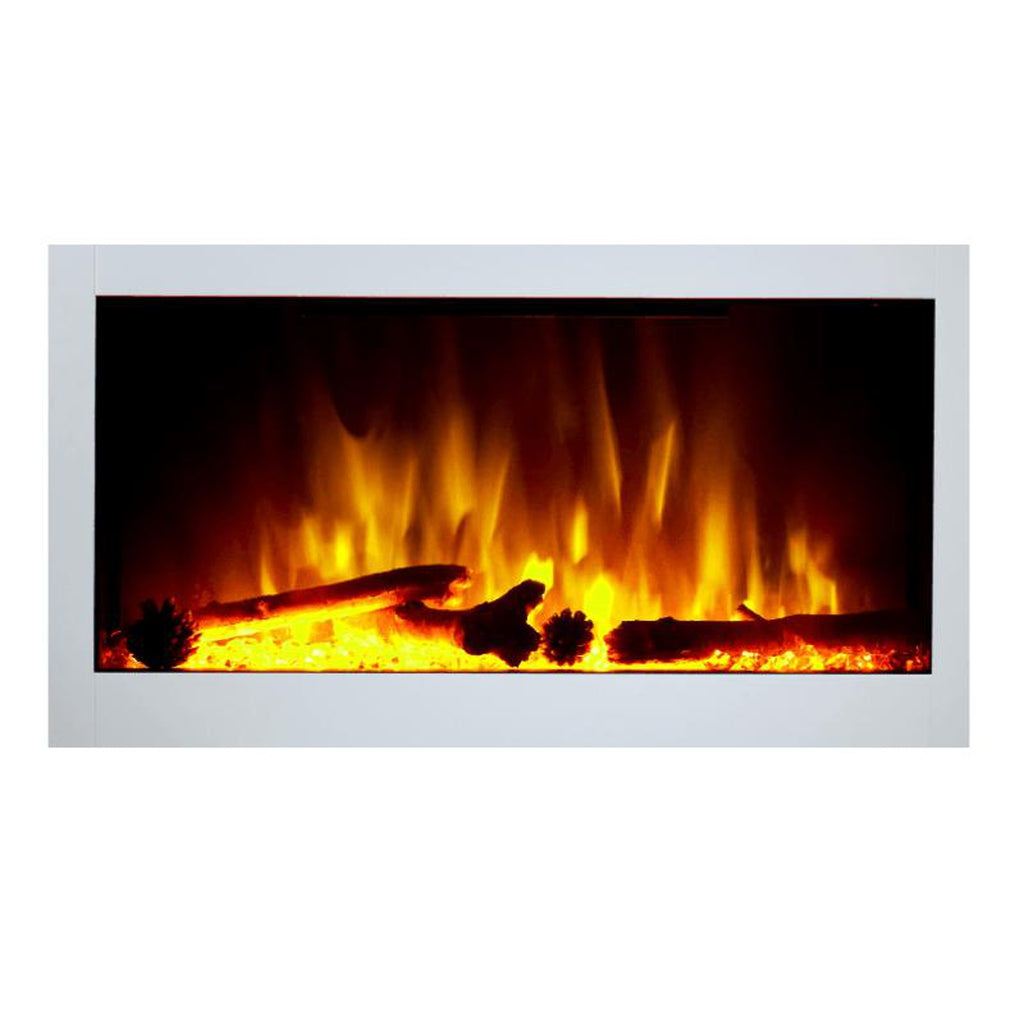 Flametek F700 electric inset fire with a white frame and realistic glowing log fuel bed with orange flames.