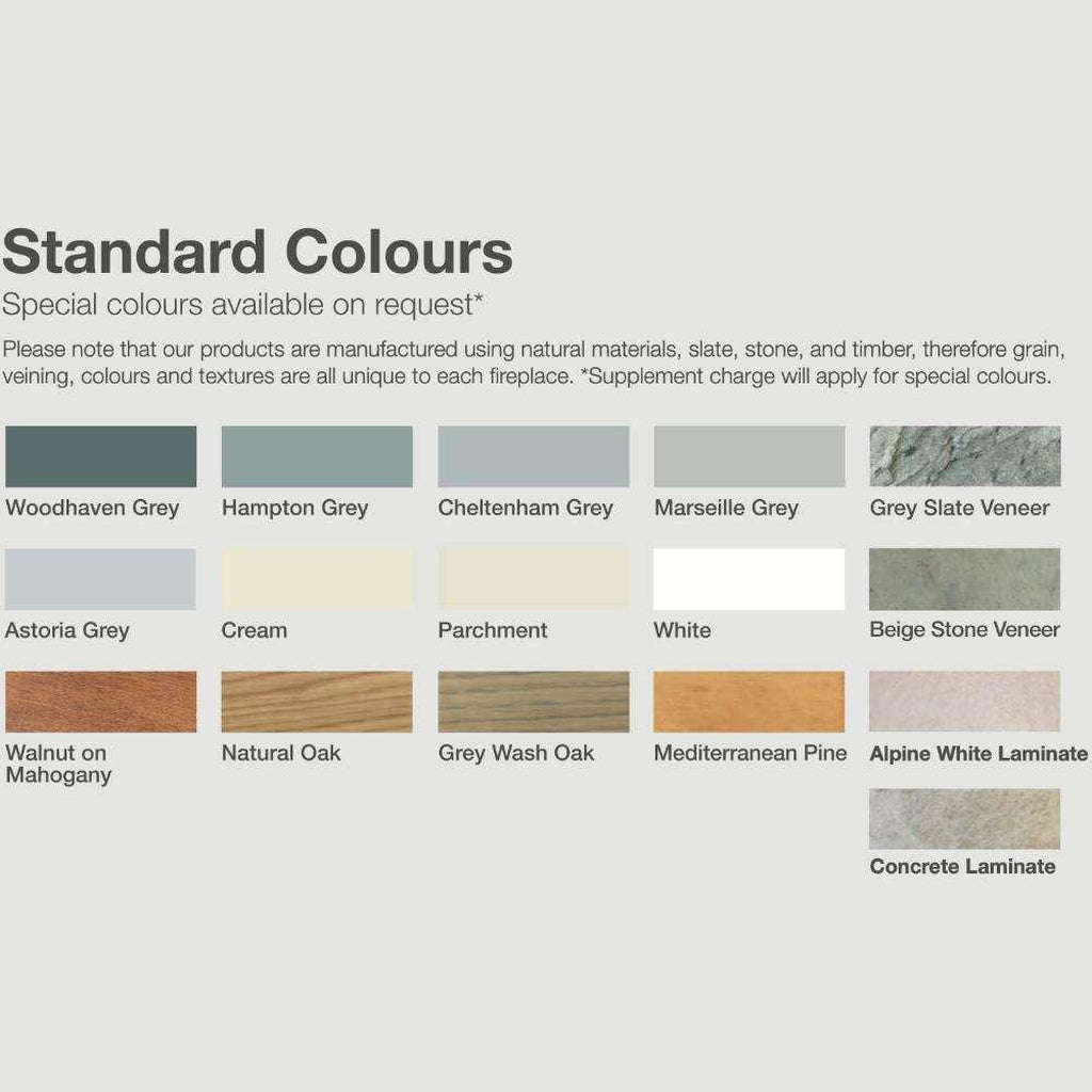 Flametek Midi Electric Fireplace Suite colour palette showing various grey, wood, stone, and neutral finish samples.