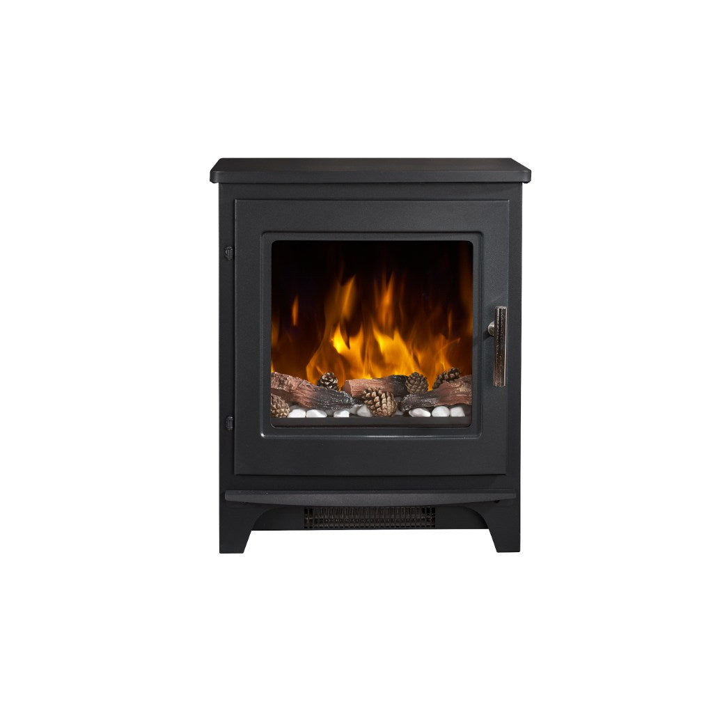 Flametek Milo electric stove in matte black with a glass door, log and pinecone fuel bed, and realistic flame effect.