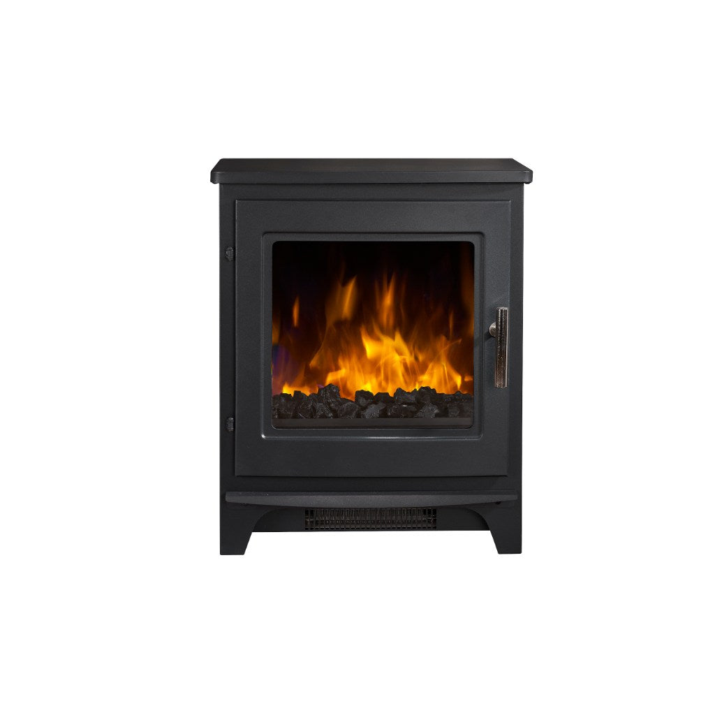 Flametek Milo electric stove in matte black with a glass door, coal fuel bed, and realistic orange flame effect.