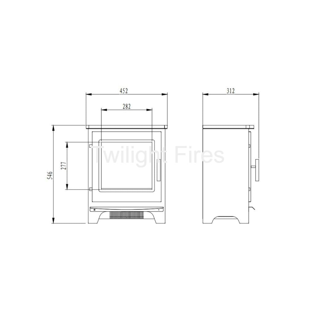 Flametek Milo Electric stove technical line drawing showing front and side elevation dimensions in millimetres.
