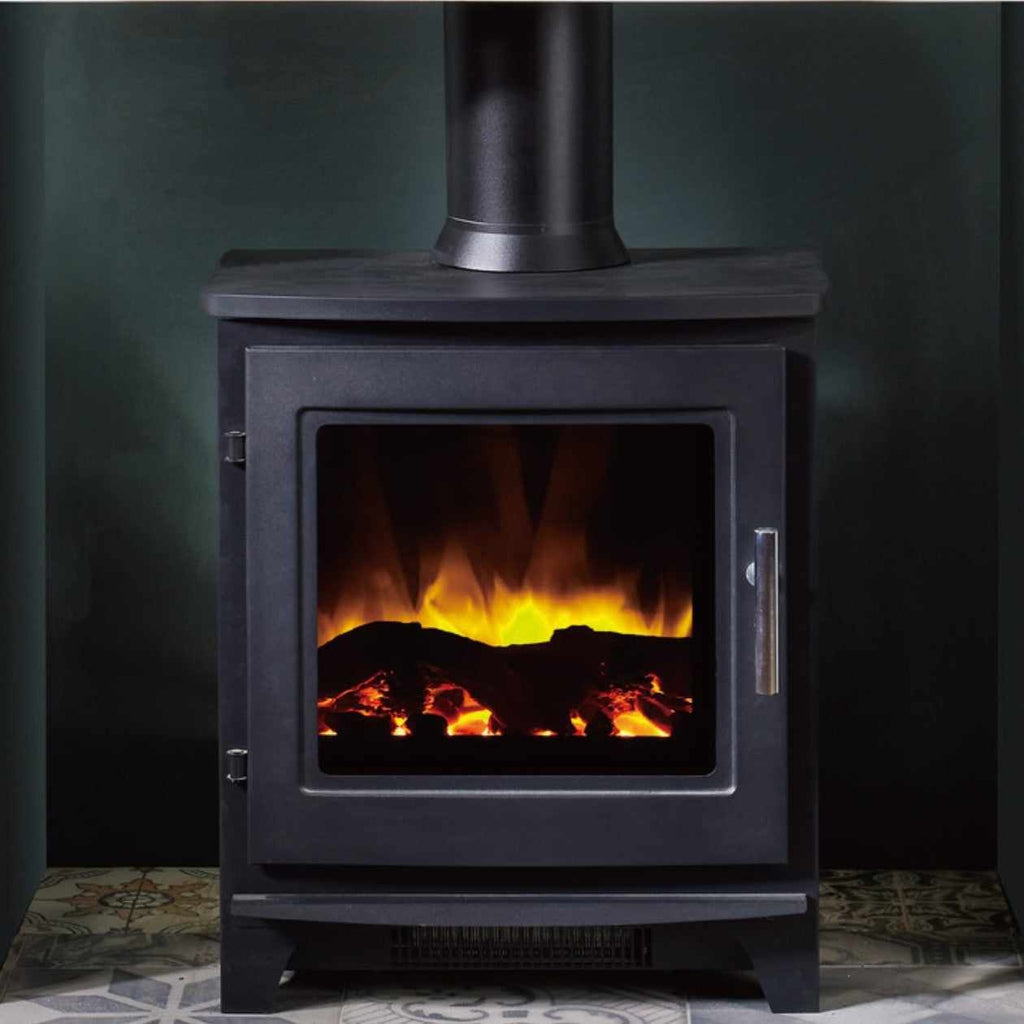 Flametek Milo electric stove in black with a realistic glowing log fire effect and a vertical flue pipe.
