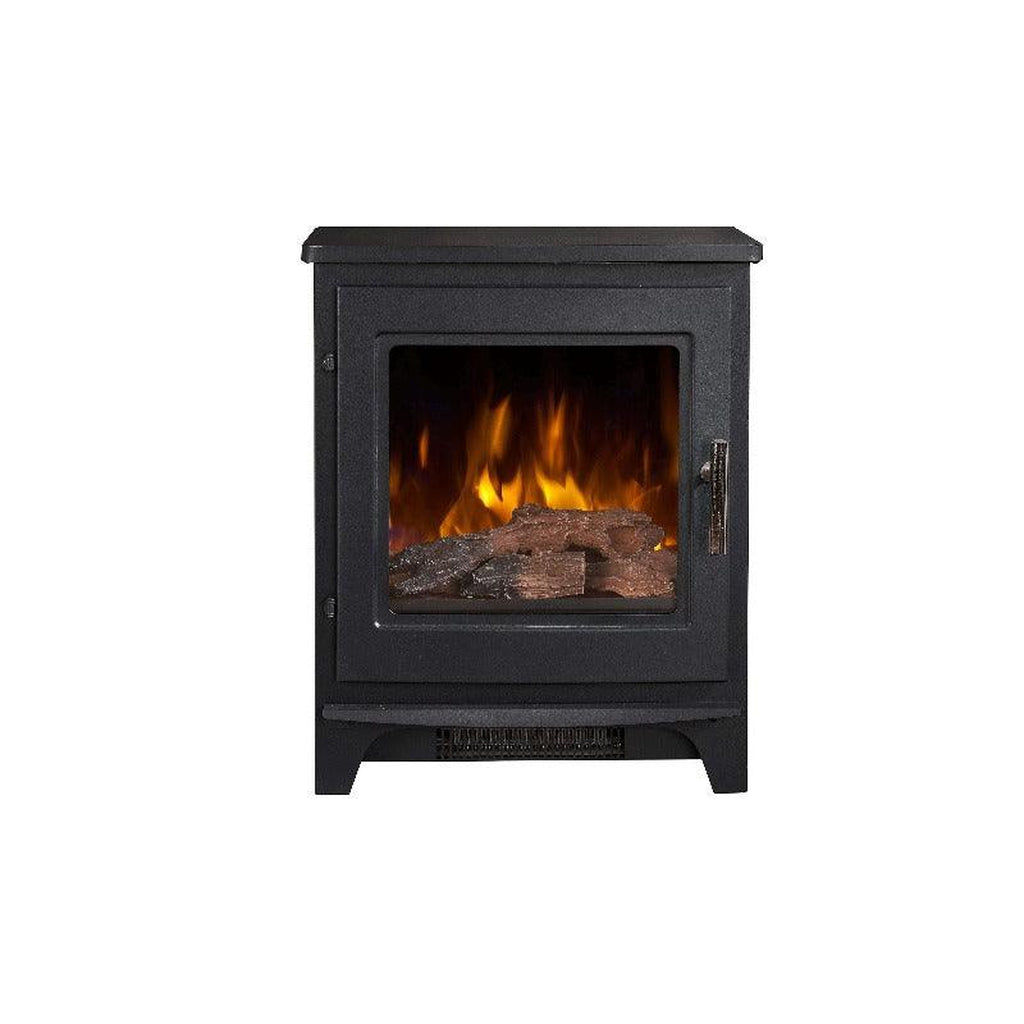 Flametek Milo electric stove in matte black with a glass door, log fuel bed, and realistic flame effect.