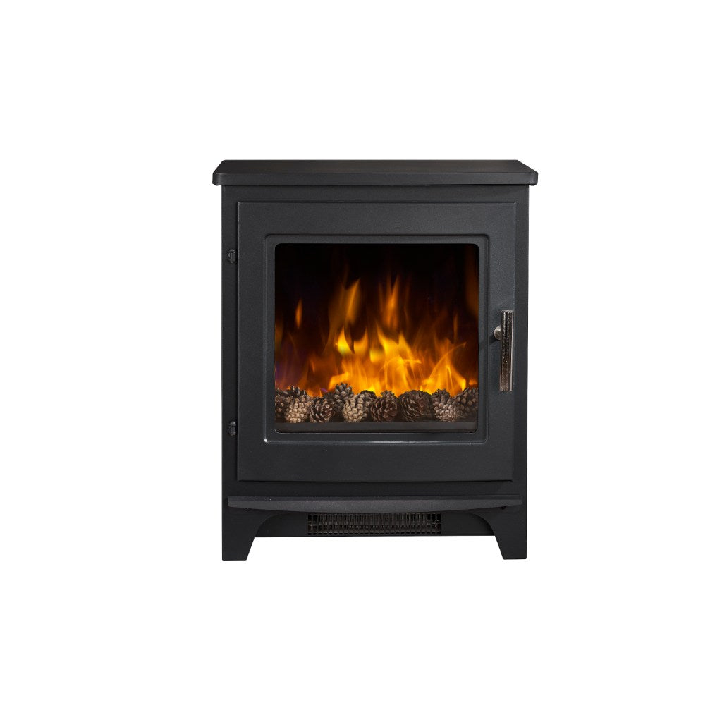 Flametek Milo electric stove in matte black with a glass door, pine cone fuel bed, and realistic flame effect.