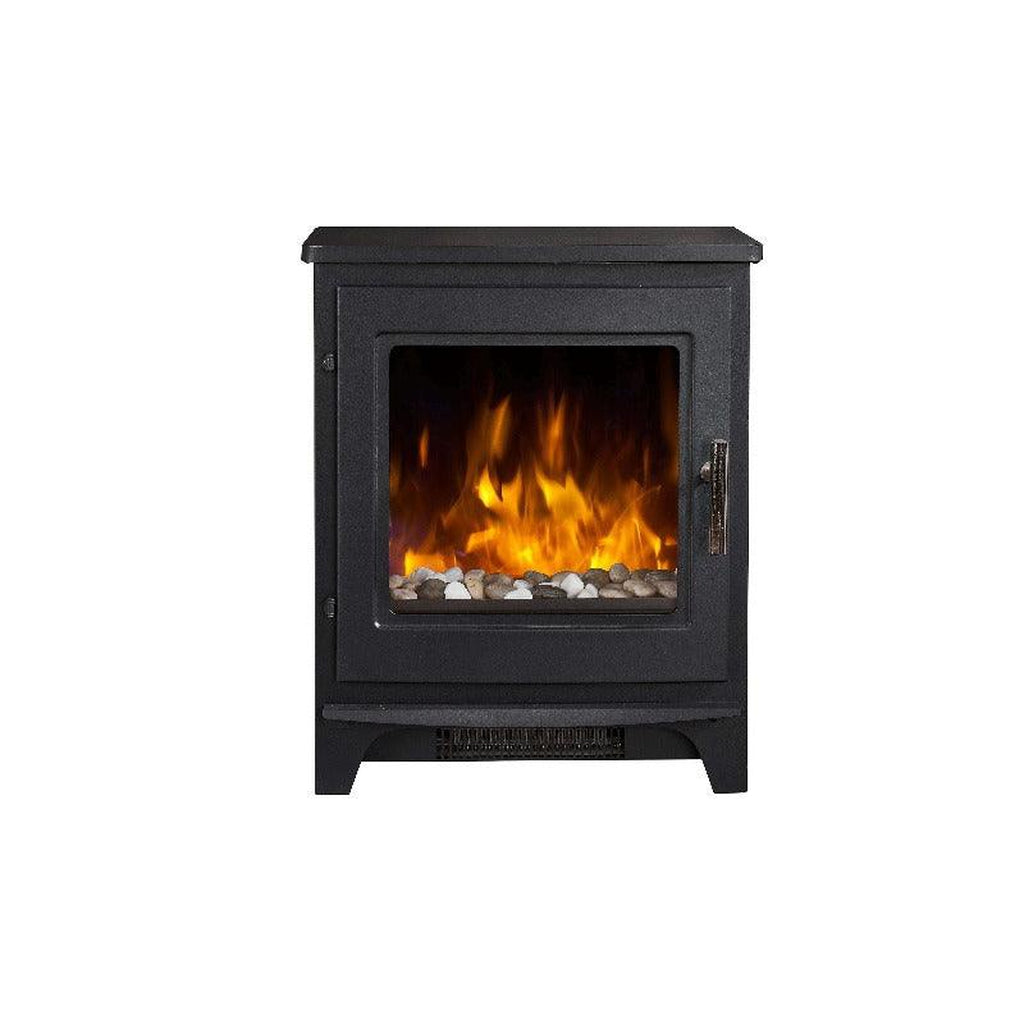 Flametek Milo electric stove in black with a glass door, pebble fuel bed, and realistic flame effect.