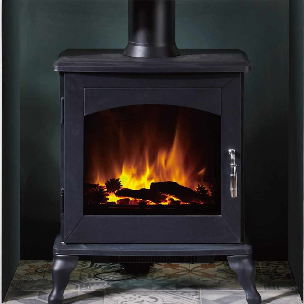 Flametek Reo 2kw electric stove in matte black with a glass door, glowing log fire effect, and ornate curved legs.