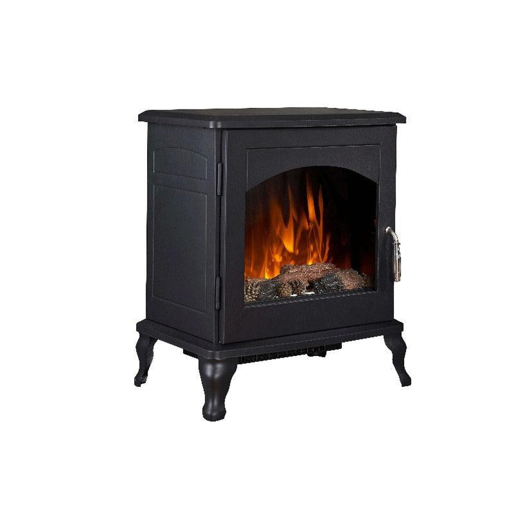 Flametek Reo 2kw electric stove in matte black with a glass viewing window, glowing log effect, and curved legs.