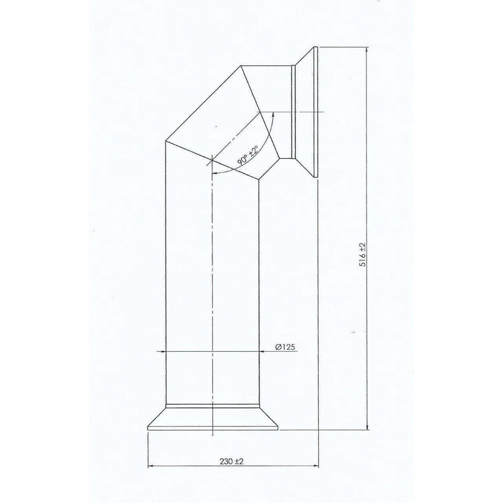 Technical line drawing of a 90-degree flue pipe component for the Flametek Milo Electric stove with dimensions.