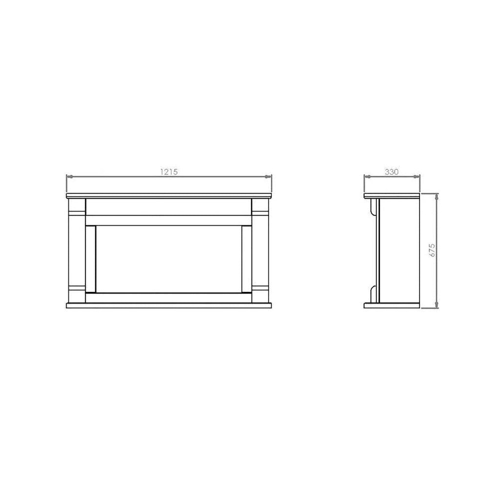 Technical line drawing showing front and side elevation dimensions of the Suncrest Bradbury Ambience fireplace.