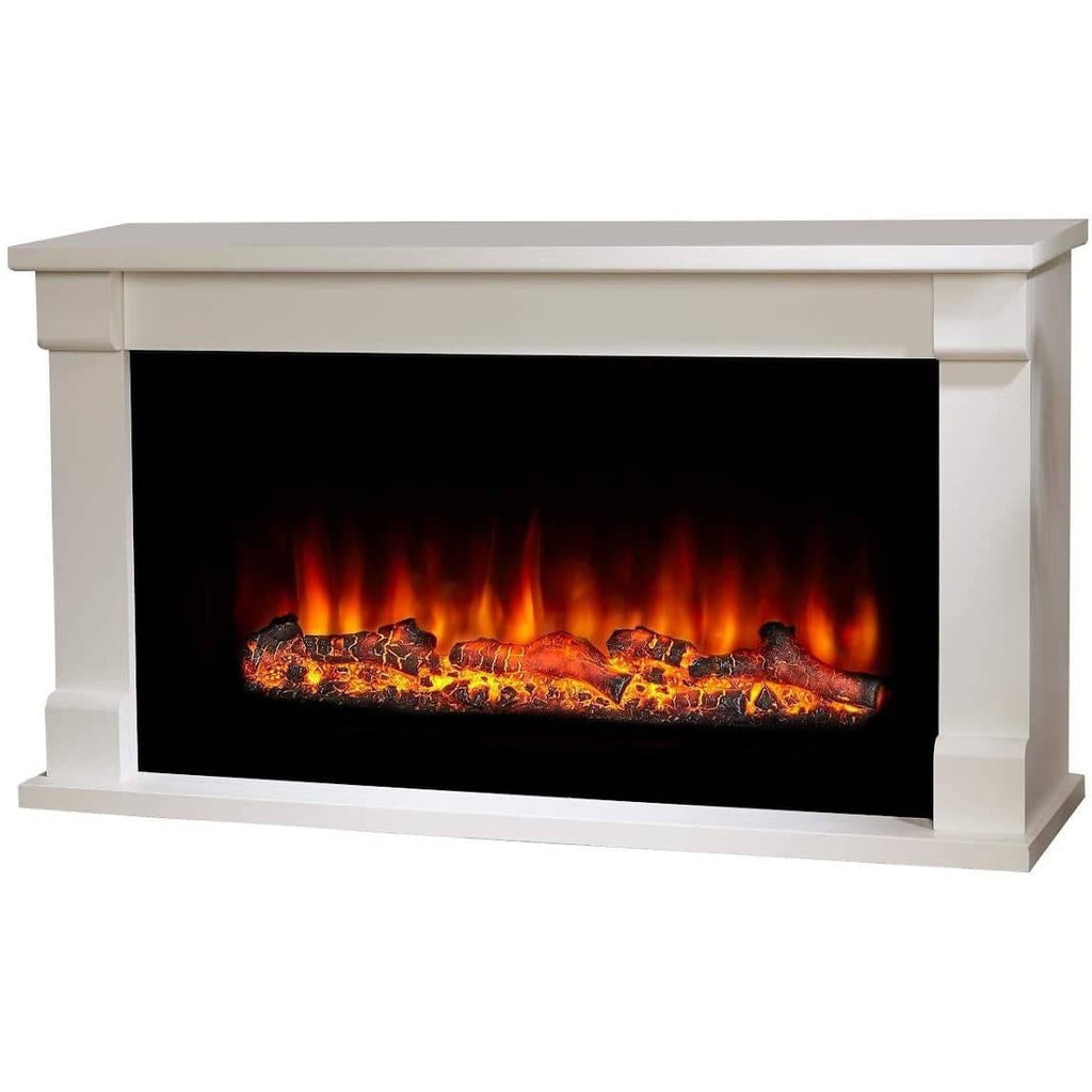 Suncrest Bradbury Electric Fireplace suite in white with a realistic glowing log fire effect and black back panel.