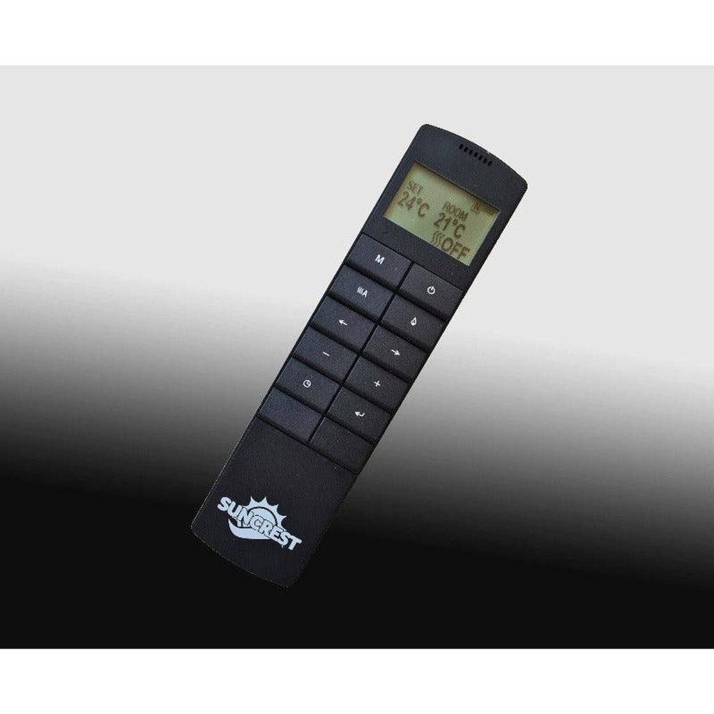 Black Suncrest Lumley-Ambience remote control with an LCD screen displaying temperature settings and button controls.
