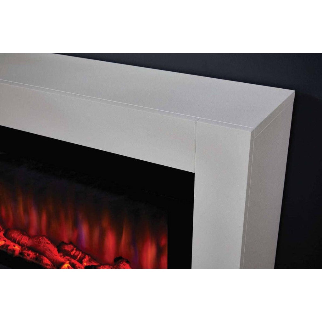 Suncrest Lumley Electric Fireplace Suite with a smooth white surround and glowing LED flame effect.