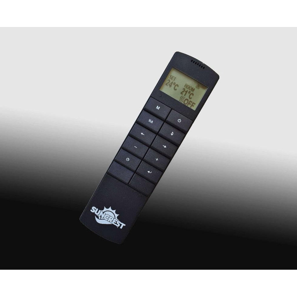 Black Suncrest Lumley Electric Fireplace Suite remote control with an LCD screen and button interface.