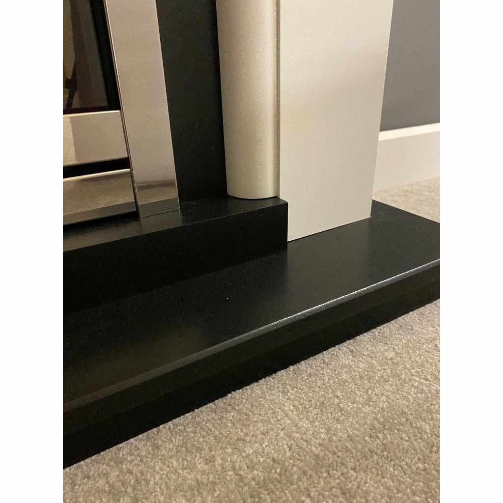 Suncrest Middleton Electric Fireplace suite featuring a white surround, black hearth, and metallic fire frame detail.