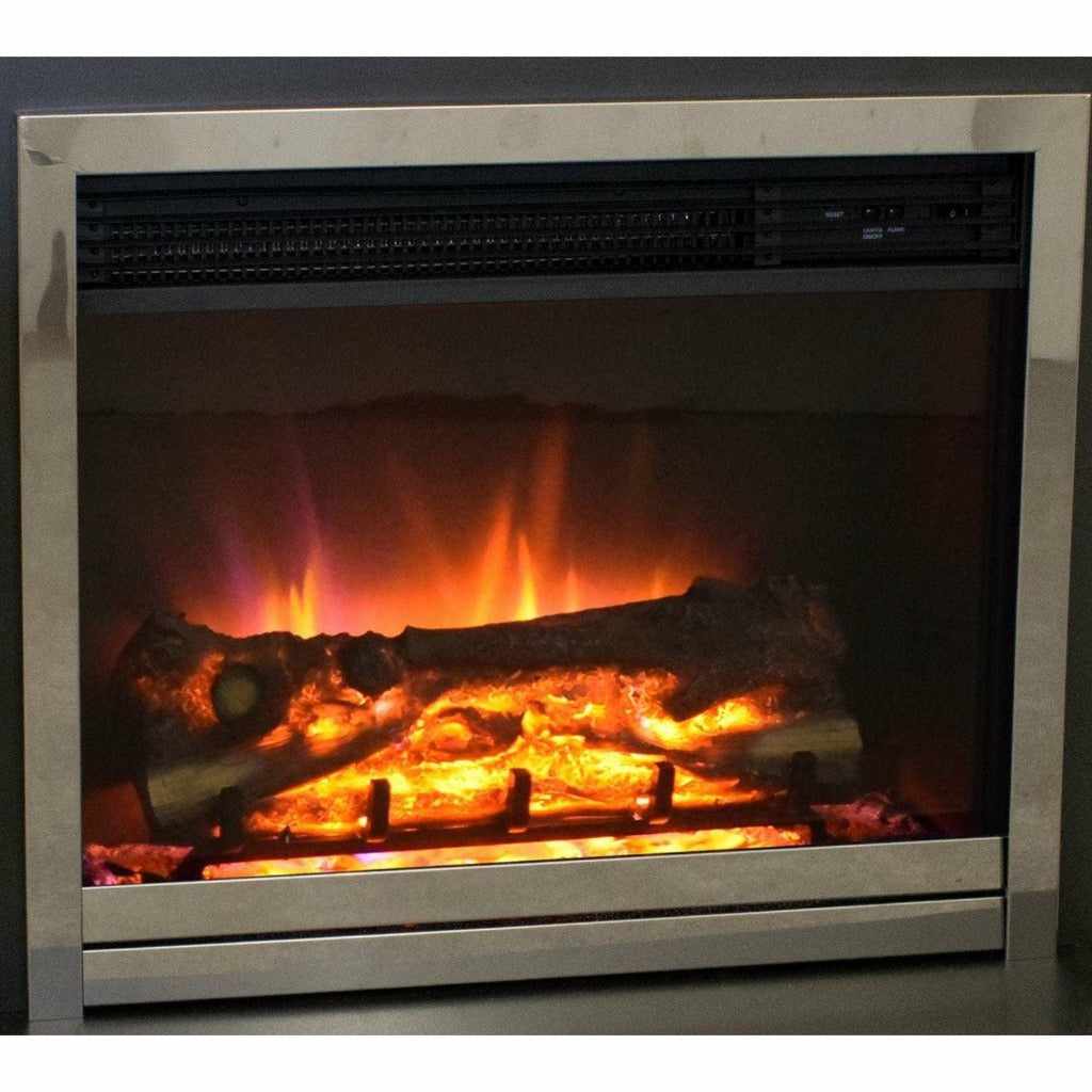 Suncrest Middleton Electric Fireplace suite with a chrome frame and realistic glowing log fire effect.