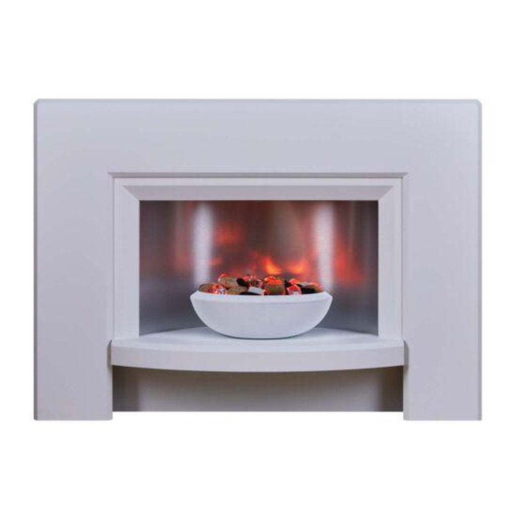 Suncrest Stockeld Electric Fireplace Suite in white with a curved hearth and a glowing bowl-shaped fire insert.