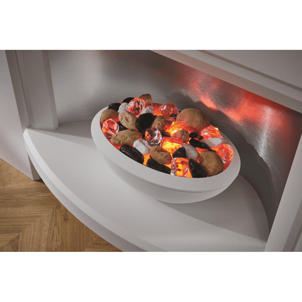 Suncrest Stockeld Electric Fireplace Suite featuring an oval bowl filled with glowing decorative stones and crystals.