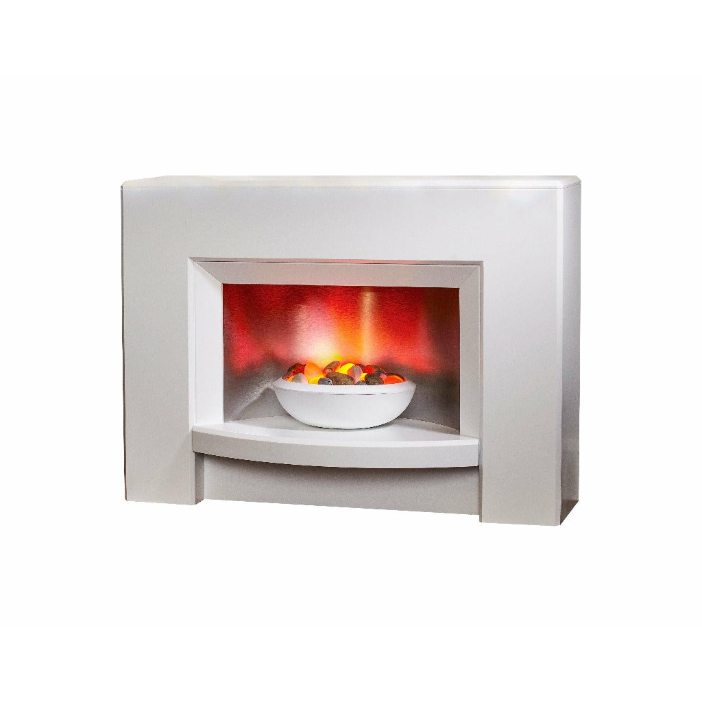 Suncrest Stockeld Electric Fireplace Suite in white with a glowing pebble fuel bed and warm orange flame effect.